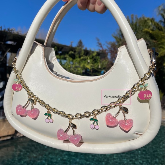 Baby Pink Heart Cherry Bag Charm Chain Purse Charm Chain Strap FortunateBagFinds - Picture 4 of 12